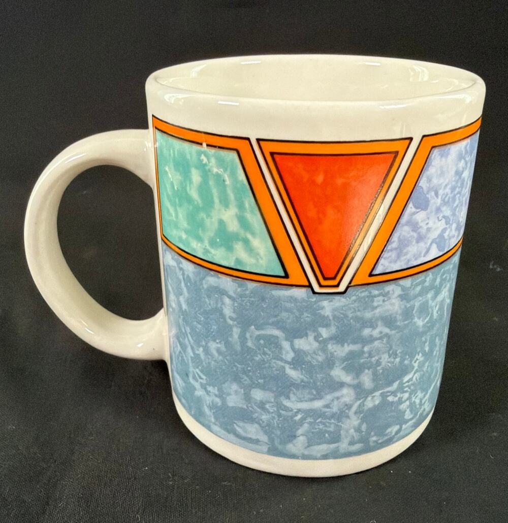 Vintage Gibson Housewares Mug Blue Orange Geometric Abstract Retro 1980s 90s